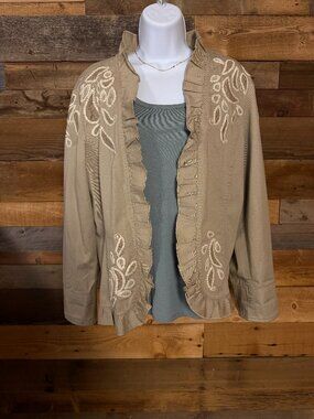 Chico's Tan Cotton Embroidered Open Jacket XL Boho Scallop Hem